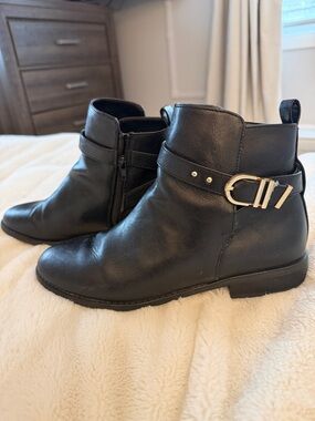 Kelly & Katie Black Faux Leather Ankle Boots with Gold Buckle